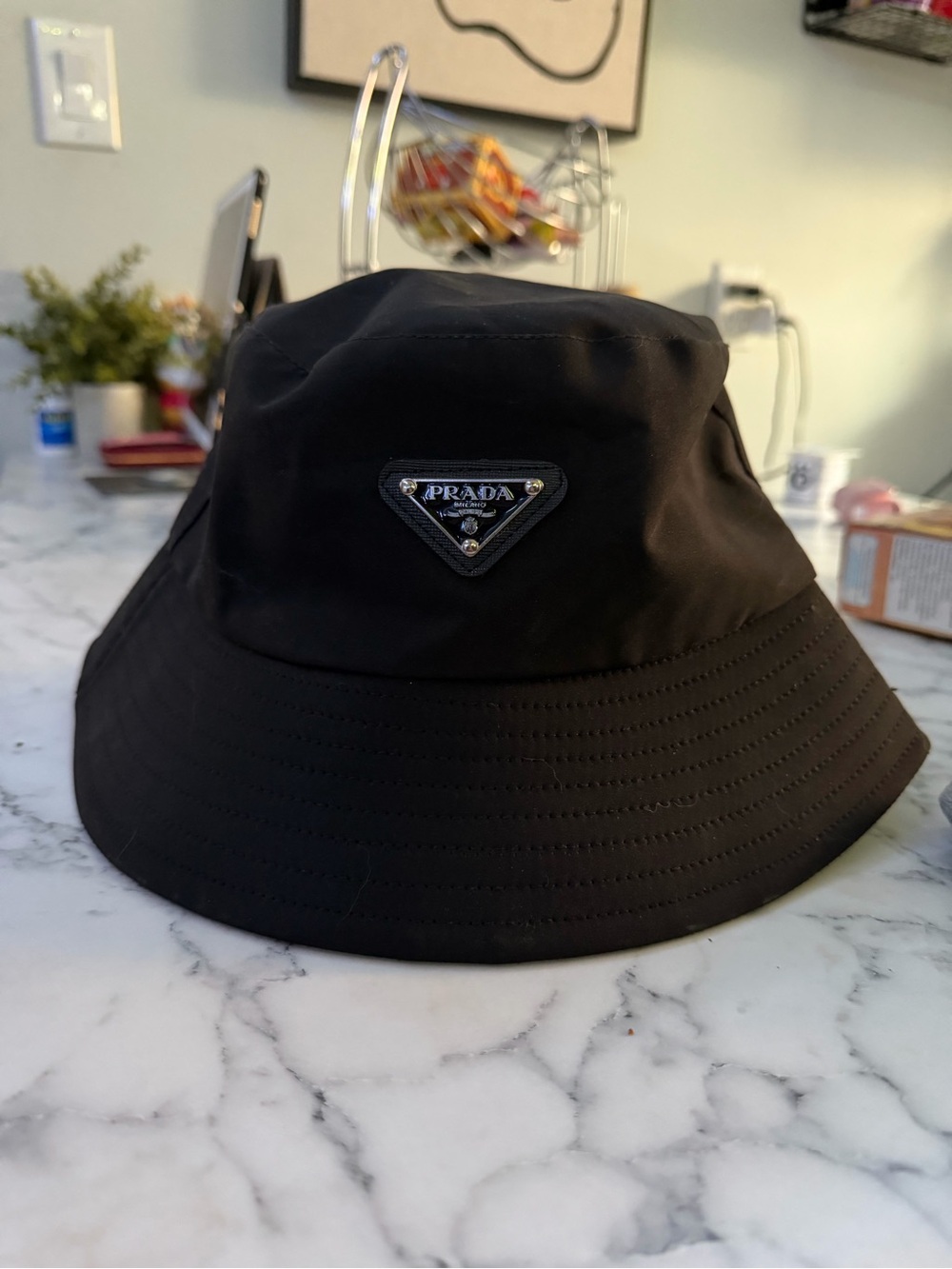 Prada Black Nylon Triangle-Logo Bucket Hat with Silver Plaque